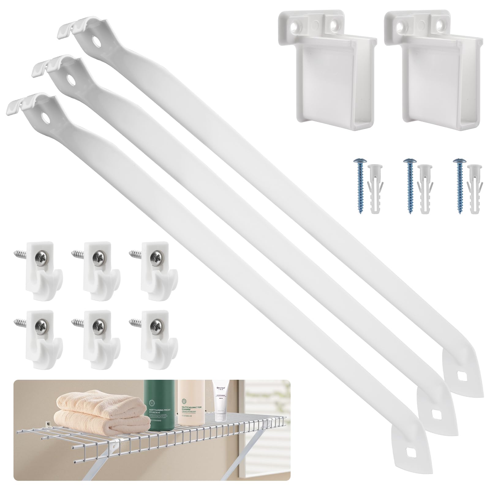 Photo 1 of 12 Inch Wire Shelf Brackets Set, 3 Pack Metal White Closet Support Bracket with End Brackets & Clips for Wire Shelving Wall Bracket Installation, Support Wire Closet Shelves Racks(3 Pack)