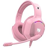 Gaming Headset with Microphone for Pc, Xbox One Series X/s, Ps4, Ps5, Switch, Stereo Wired Noise Cancelling Over-Ear Headphones with Mic, RGB, for Computer, Laptop, Mac, Nintendo (Pink)