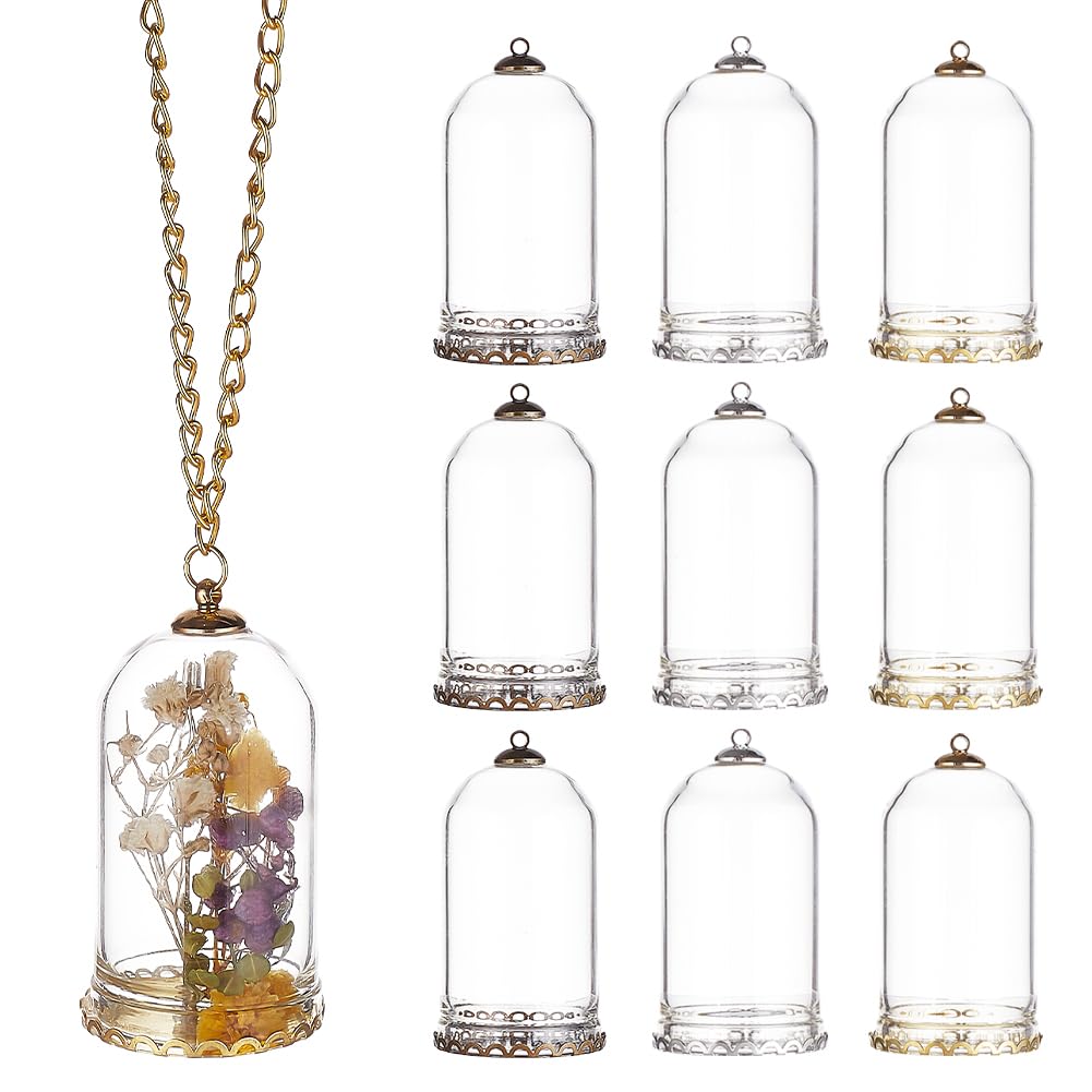 BENECREAT 12 Sets Clear Tube Glass Pendant with Finding 45x25mm Hollow Glass Dome Vial Pendant with 3 Colors Metal Base Charms for Necklaces DIY Jewelry Making