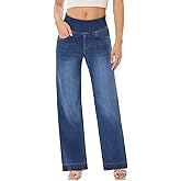 UCOOLYN Pull On Wide Leg Jeans for Women, High Waisted Tummy Control Stretchy Baggy Trendy Straight Denim Pants with Pockets