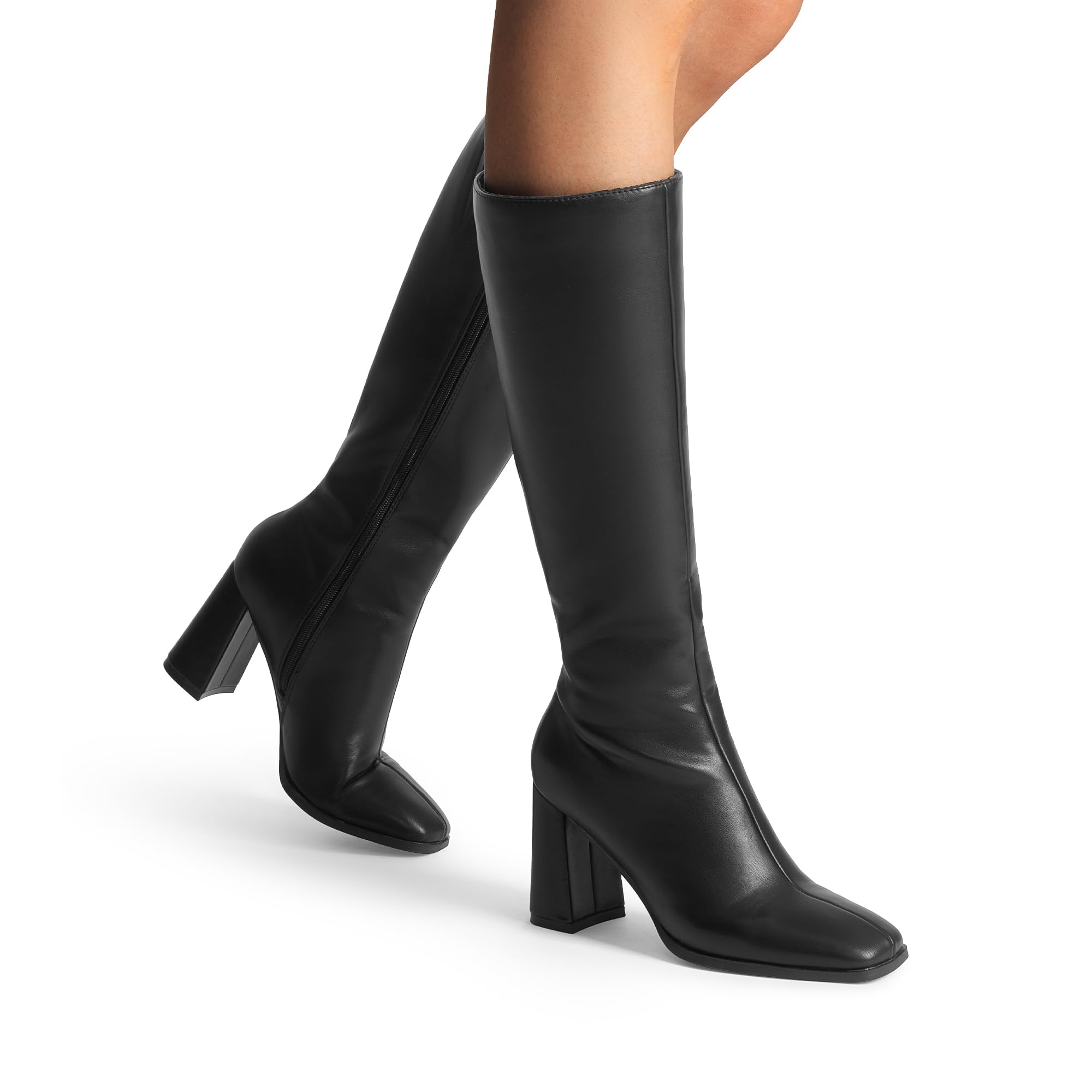 DREAM PAIRS Knee High Boots for Women Square Toe Gogo Chunky Heel with Side Zip