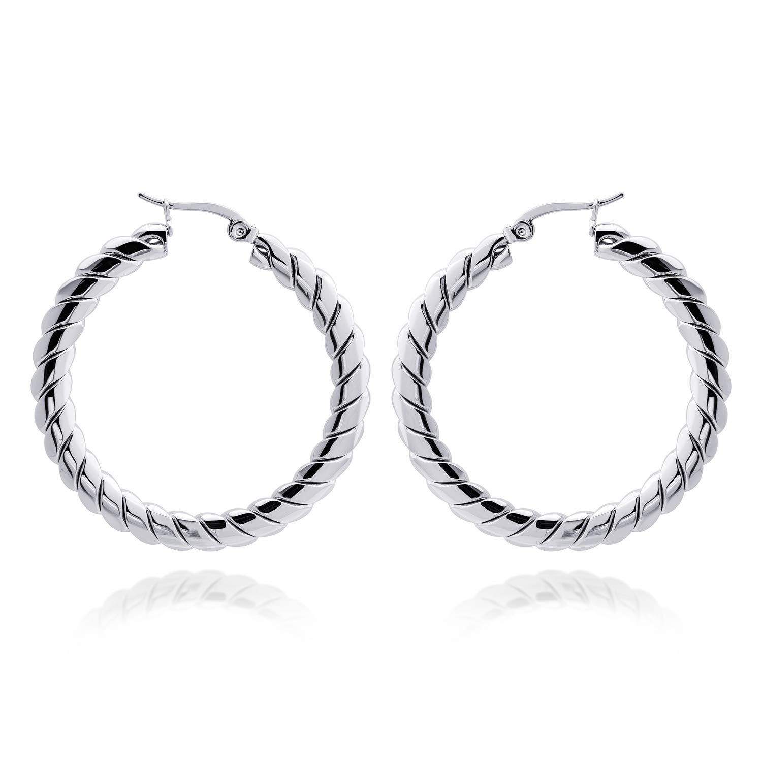 555Jewelry Stainless Steel Hoop Earrings, Large Round Circle Woven Pattern Surgical Steel Hoop Earrings, Hoops Earrings for Women, Nickel Free Earrings for Women Hoops, Silver