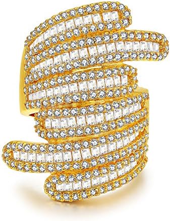 Serend Baguette Design 18k Yellow Gold Plated Cubic Zircon Crystal Cocktail Rings for Womens Girls, Size 7