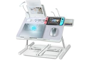 IXTRA Laptop Lap Desk with Cooling Fan - Adjustable with Light, USB, Storage Drawer - Folding Bed Desk,22.04"*12.59",Grey