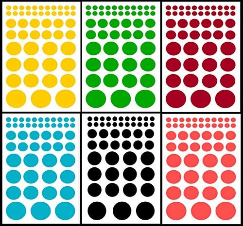 Circle-1 label sticker, multi-shape & size (see image), pastel color paper, A4 (8.27" x 11.69") 5 sheets, 245 Pcs, self-adhesive, 5 colors: blue yellow green red pink (P39)
