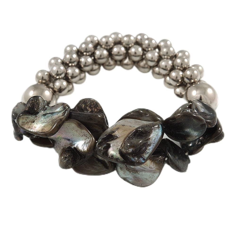 Avalaya Black Shell Mirrored Silver Acrylic Bead Flex Bracelet - 17cm L