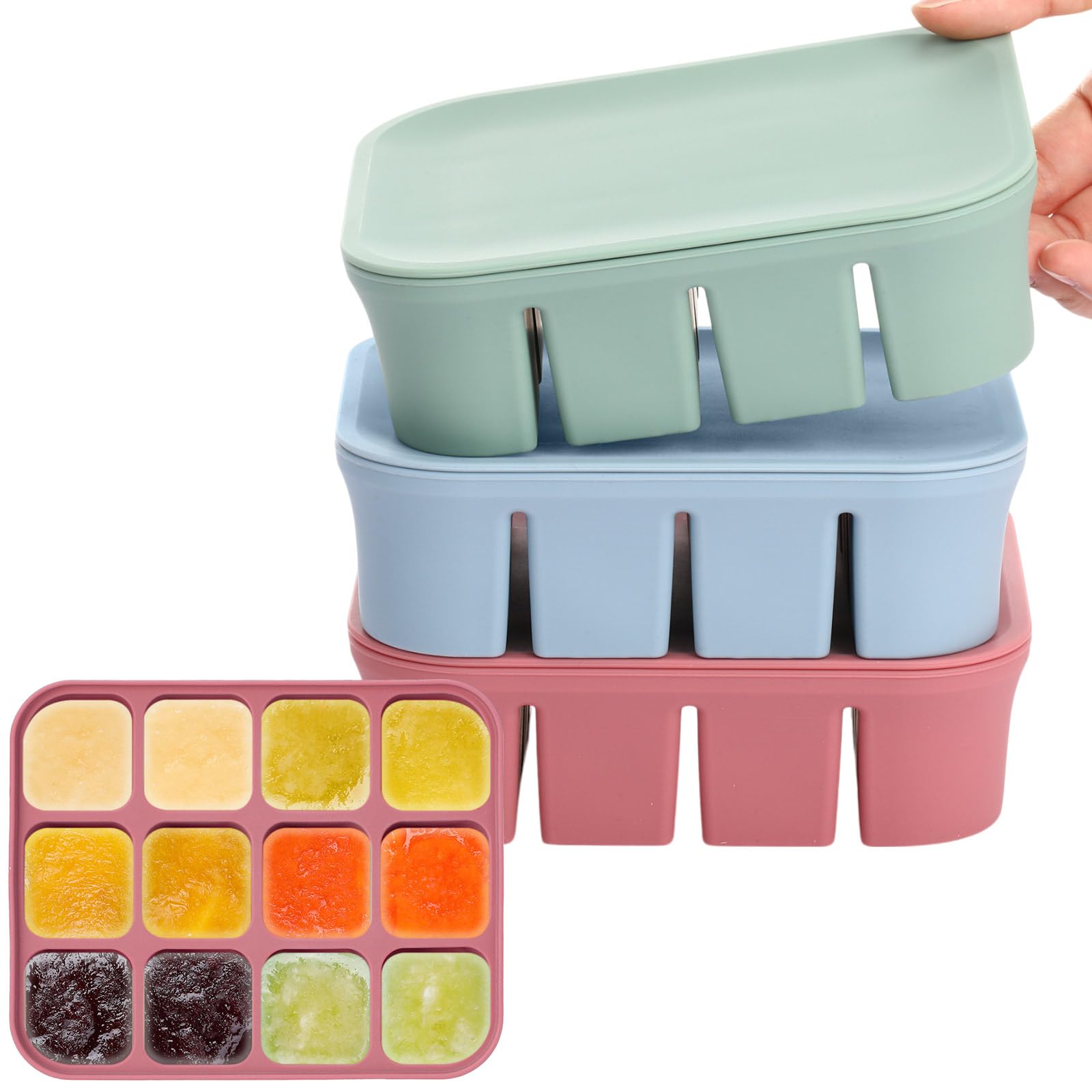 Photo 1 of Mimorou 3 Pack Baby Food Freezer Tray with Lids 2.8 oz x 12 Cups Silicone Baby Food Storage Container Ice Cube Freezer Molds for Homemade Vegetable Fruit Purees Snack(12 Cups,Green, Blue, Red)