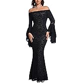 Cercis Women's Off The Shoulder Floral Lace Maxi Wedding Dress Long Bell Sleeve Formal Party Bodycon Mermaid Gown Spring