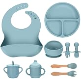JELLDJK Silicone Baby Feeding Set 9 Pcs, Spill-Proof Suction Plate, Bowl, Bib, Silicone spoon&amp;forks, Wooden Spoons&amp;forks, Training cup with straw and Sippy Cup, Baby Eating Utensils (Blue)