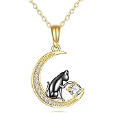 YFN 14k Real Gold Cat Necklace Yellow Gold Crescent Moon Black Cat Pendant Jewelry Gifts for Women