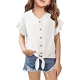 Girls Ruffle Short Sleeve Shirts V Neck Tie Front Knot Tops Button Cute Tunic Shirts Blouse