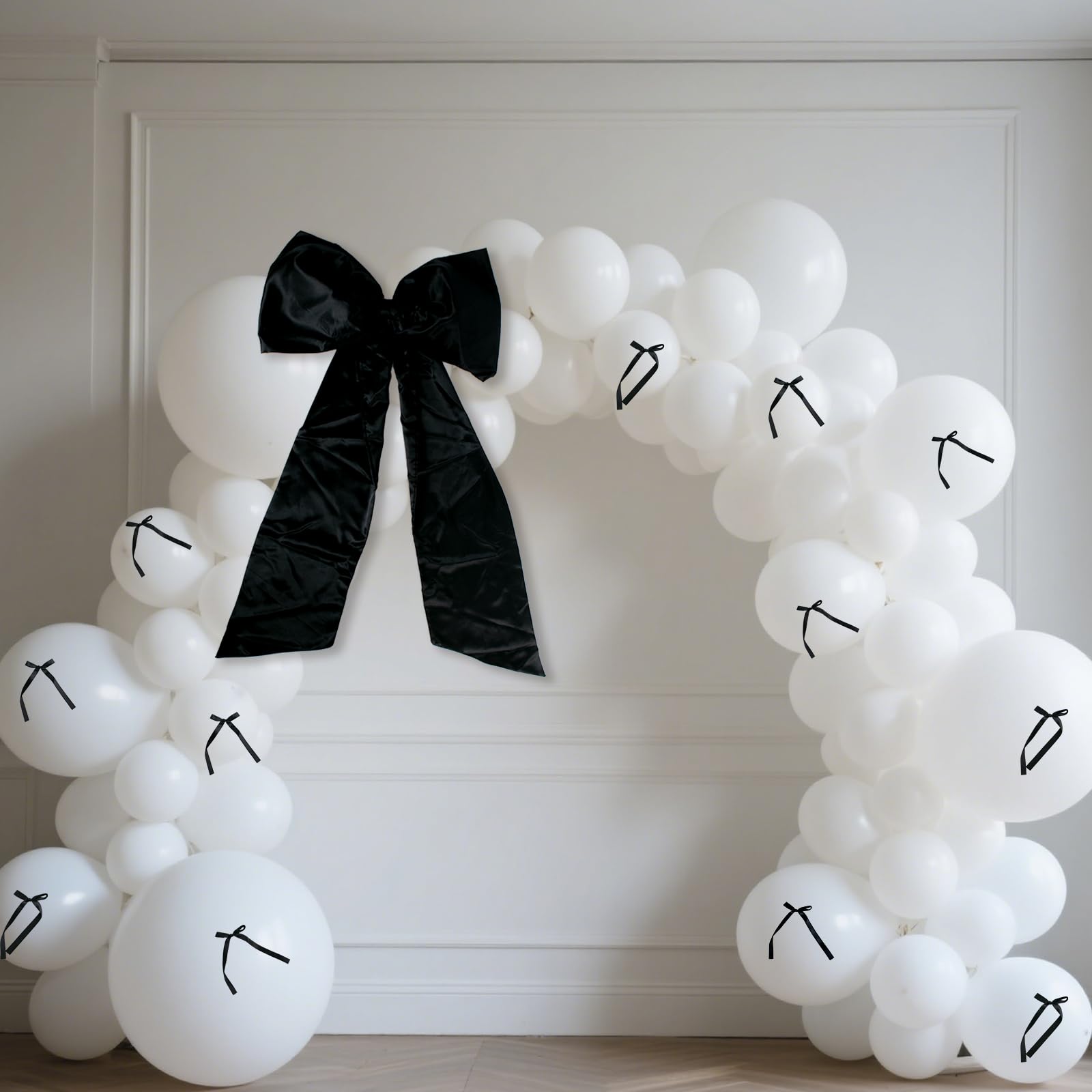 Photo 1 of Extra Large Bow Decorations for Party Big Black Bow 12 Black Ribbon Bows for Balloons 100 White Balloons Bow Birthday Decorations Party Decor Bridal Shower Engagement Wedding Party Supplies
