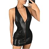 Floerns Women's Y2k Leather Mini Dress Sleeveless Halter Neck Zipper Club Bodycon Dress