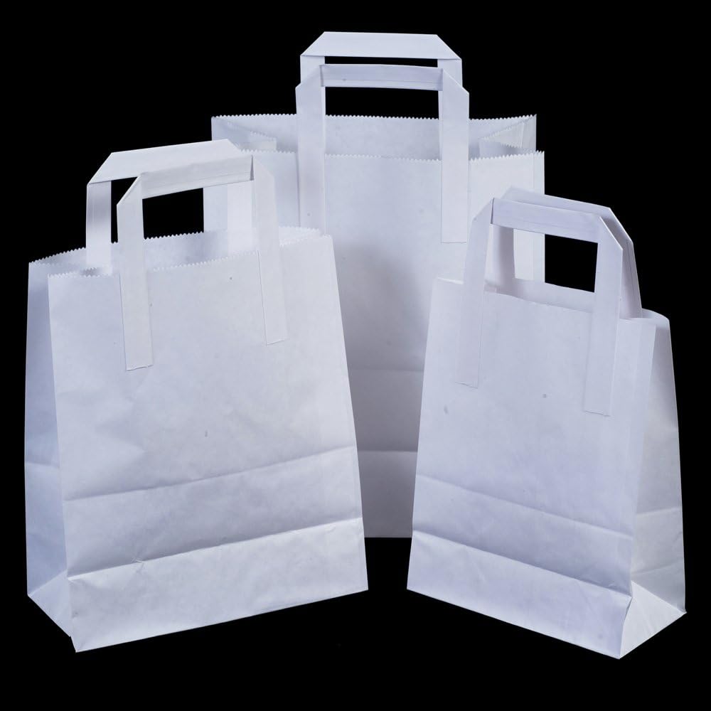 10x White Paper Carrier Bags with Flat Handles - 18cm x 23cm x 9cm by Paper Carrier Bags