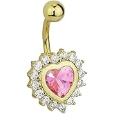 Forbidden Body Jewelry 14k Gold Plated Surgical Steel Fancy CZ Crystal Framed Pink Heart Belly Button Ring