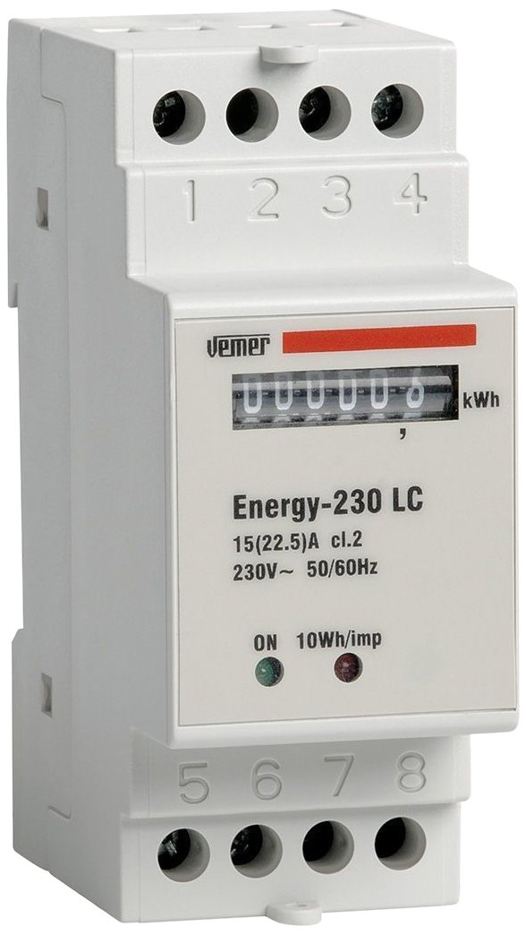 VEMER VN960100 Model ENERGY-230 LC DIN-Rail mounting Energy Meter to Display Active Energy Consumption in Single-Phase Systems. Direct max Current 22,5A