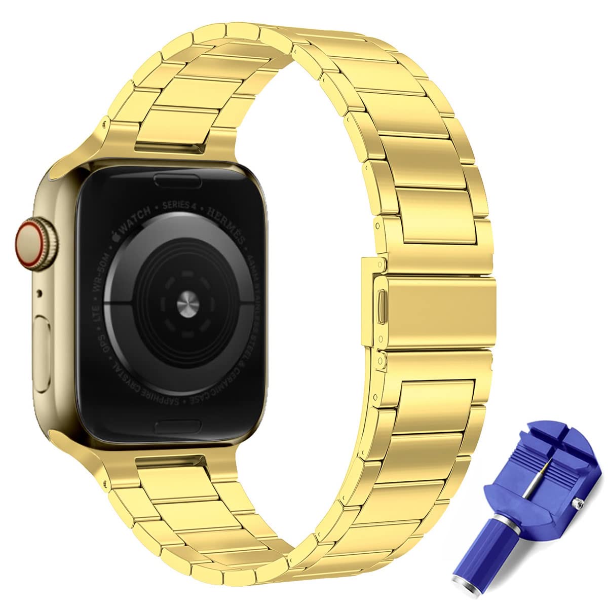 H.May Metal Strap Compatible with Apple Watch Strap, 42mm 44mm 45mm 49mm Stainless Steel Replacement Band Bracelet Compatible with iWatch Series Ultra/8/7/6/SE/5/4/3/2/1 Strap, Gold