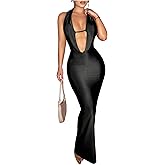 Floerns Women's Deep V Neck Sleeveless Bodycon Dress Draped Front Pencil Maxi Dress