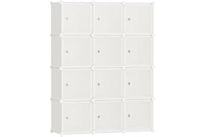 SONGMICS Cube Storage Organizer, Set of 12 Plastic Cubes, Closet Storage Shelves, DIY Plastic Closet Cabinet, Modular Bookcase, Shelving with Doors for Bedroom, Living Room, Cream White ULPC342W02