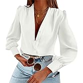 Women's Business Casual Tops Satin Silk Long Sleeve Button Down Shirts V Neck Chiffon Work Blouses