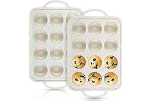FIMARY Silicone Muffin Pan With Metal Reinforced Frame - 12-Cup Mini Muffin Pan for Homemade Muffins, Cupcakes, and Bread, Oven and Dishwasher Safe - Beige With Coffee-Colored Specks, Set of 2