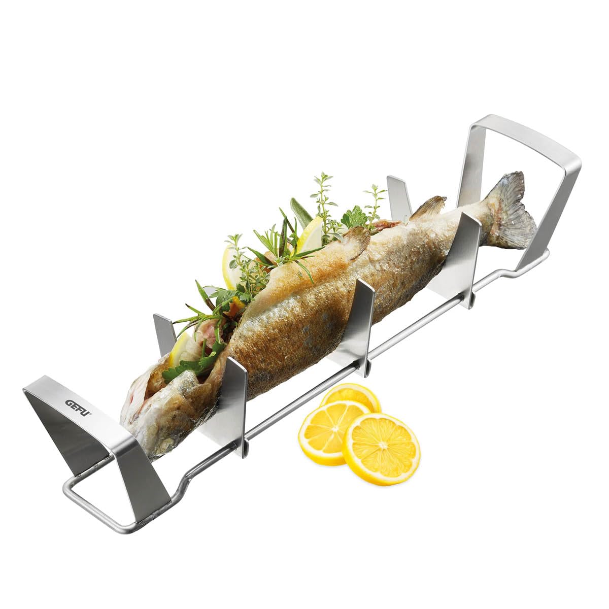 Gefu Fischhalter BBQ – Adjustable Stainless Steel Fish Holder for Whole Fish up to 35 cm – for Grill & Oven – 3-Point Support, Dishwasher Safe