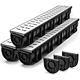 Amylove 3 Sets Channel Drain 39.4 x 5.9 x 5.1 Inches, Trench Drain System Garage Floor Drainage Trench with 3 Stainless Steel Drainage Grates and 3 Plastic End Caps for Pool Driveway, Black