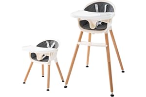 XHAKCHIK Beech Wooden Baby High Chair, High Chairs for Babies Toddlers, 6-in-1 Convertible Infant Highchair, Toddler Chair with Removable Tray, Adjustable Legs, PU Cushion, 5-Point Harness (Grey Chair)