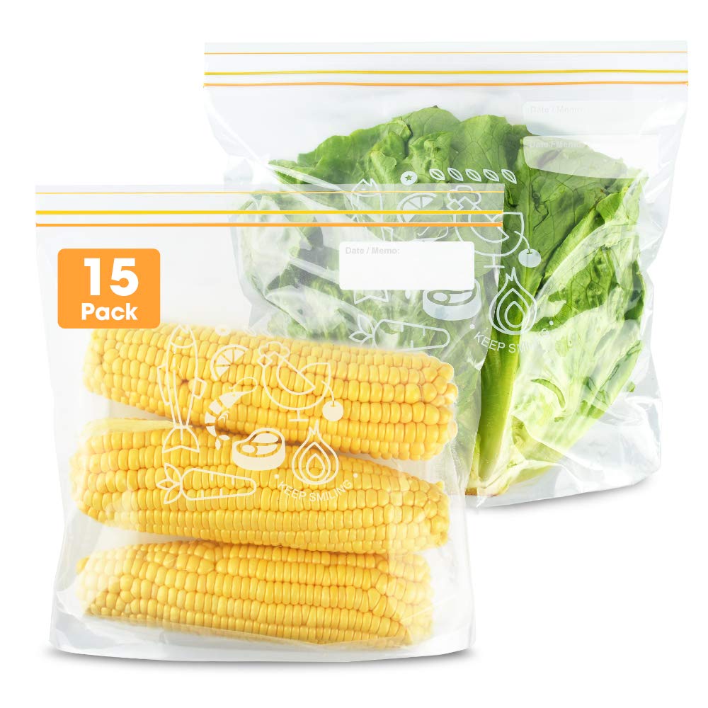 Esimlife Large Reusable Food Storage Bags - 15 Pack Sealed, Freezer, Ziplock Pour & Store Sandwich Bags