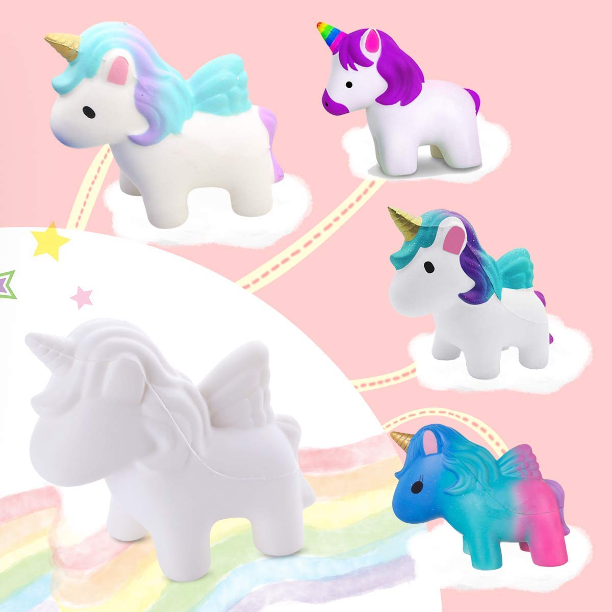 LEEHUR 4Pcs DIY White Animal Slow Rising Squishies Pack Party Favors Jumbo Blank Kawaii Soft Creamy Unicorn Horse Panda Donut Squishy Squeeze Sensory Toys Stress Anxiety Relief for Kids Adults