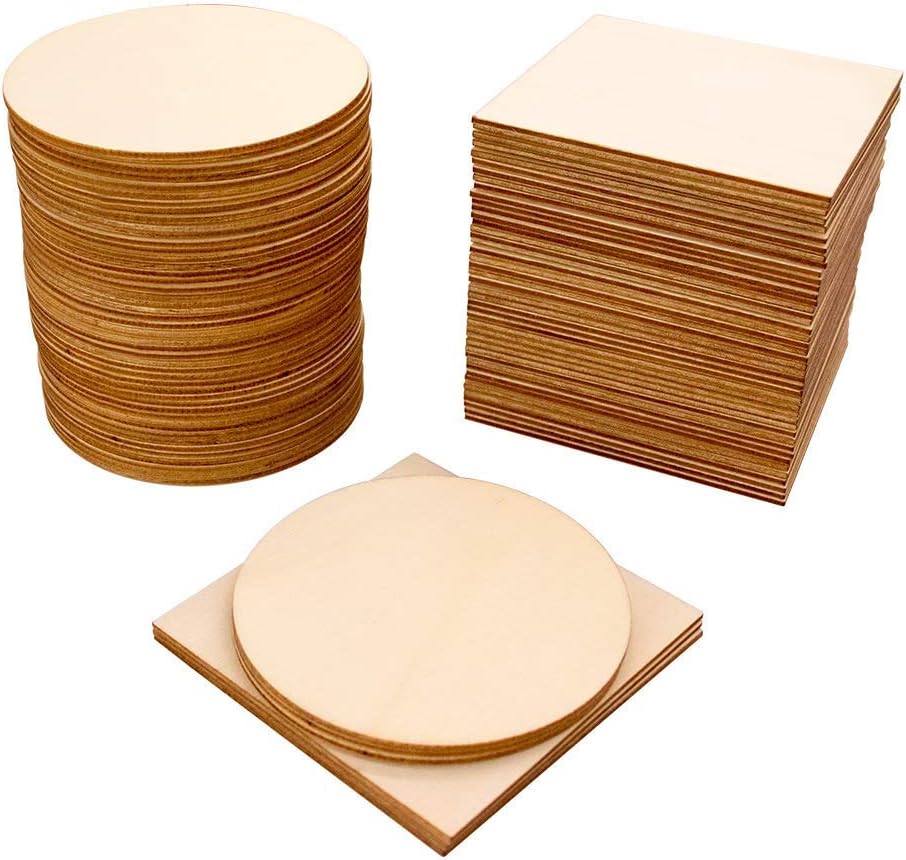 Wood Slices 100 Pcs of Unfinished Wood Chips 4x4 inch Blank Wood Chips for Handicrafts Home Decoration Wooden Coasters and DIY Crafts 50 Pcs Wood Squares and 50 Pcs Wood Circles