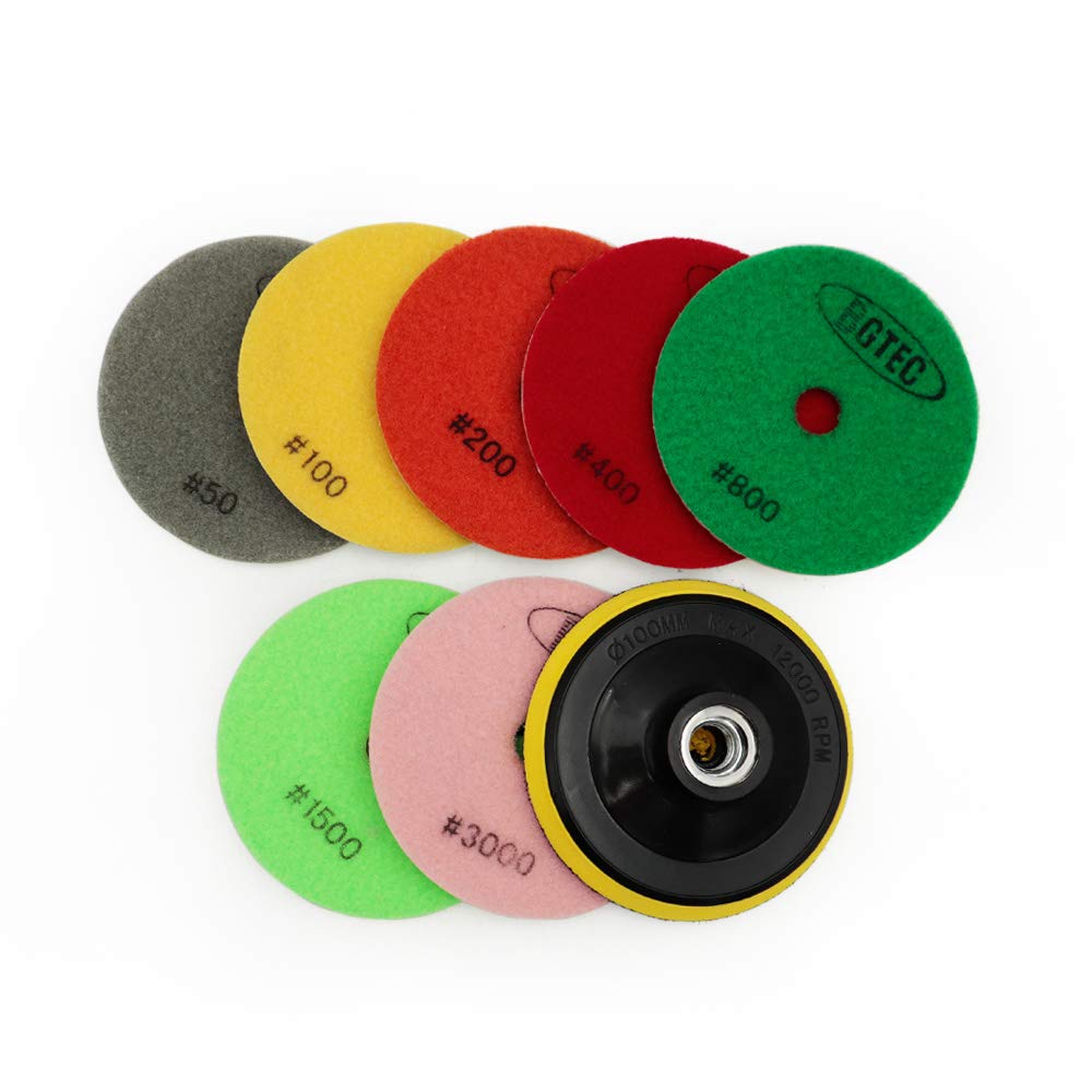 BGTEC 100mm Diamond Wet Polishing Pads for Granite Marble Mixed Grits 7pcs Pads with 1pc M14 Plastic Backer