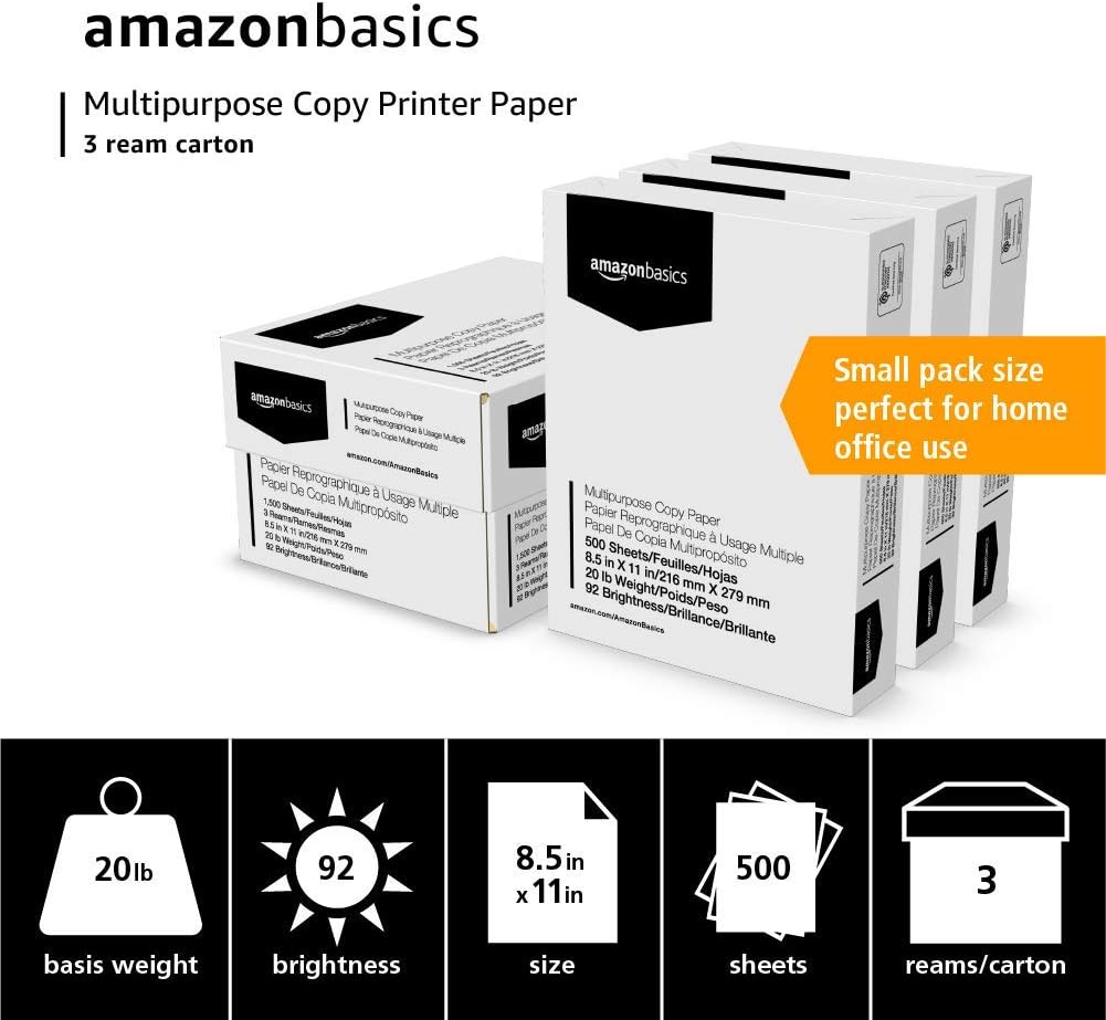  Basics Multipurpose Copy Printer Paper - White, 8.5 x 11 Inches, 3 Ream Case (1, 500 Sheets) & Basics Binder Paper Clip, Medium, 12 Clips per Box, 2-Pack : Office Products