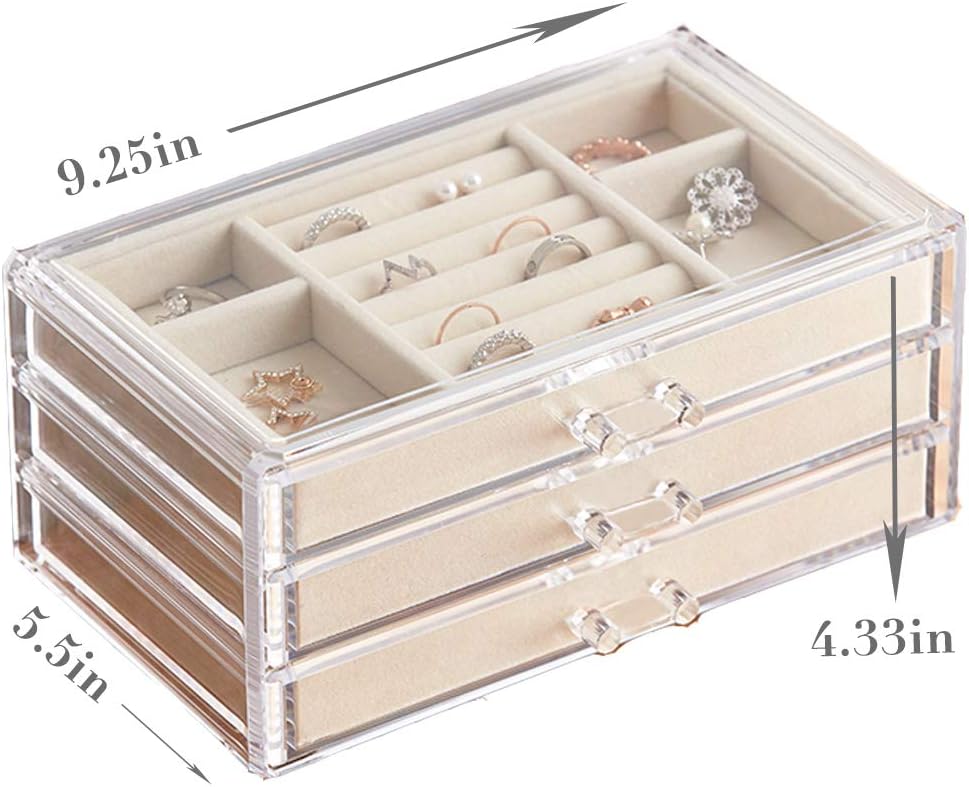 HerFav Jewelry Box for Women with 3 Drawers, Velvet Jewelry Organizer for Earring Bangle Bracelet Necklace and Rings Storage Clear Acrylic Jewelry case: Home Improvement