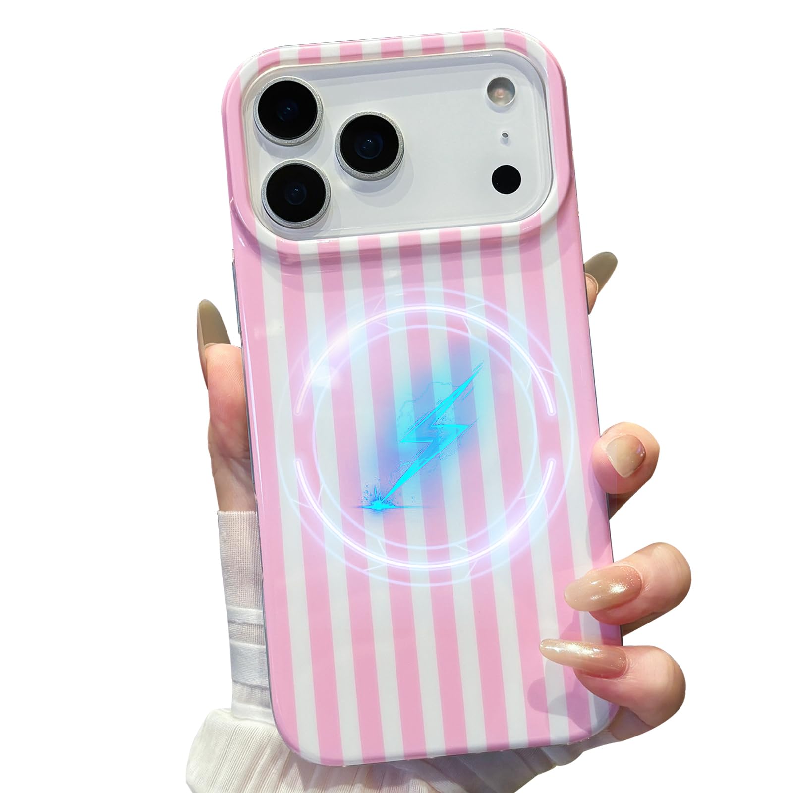 Jmltech Magnetic for iPhone 17 Pro Max Case Striped Phone Case Cute Women Girly Trendy Compatible with MagSafe,Shockproof Slim Soft TPU and Hard Back Protective Cover White Pink Strips