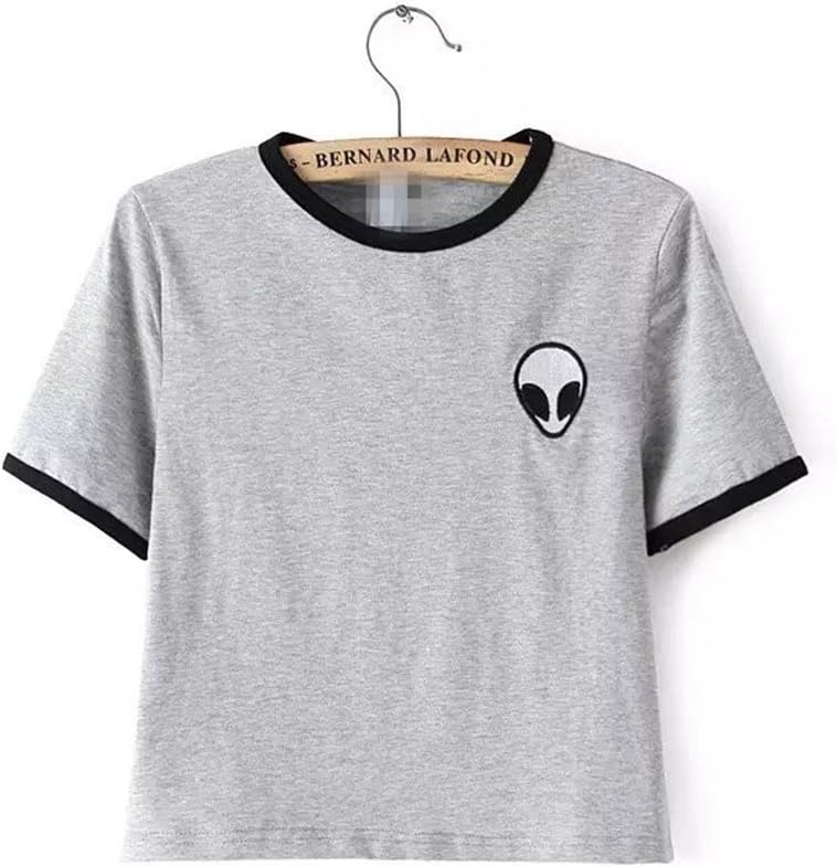 Bestag Striped ET Teen Girls Alien Crop Top Slim Tees Short Sleeve T-Shirt (Gray, Large)