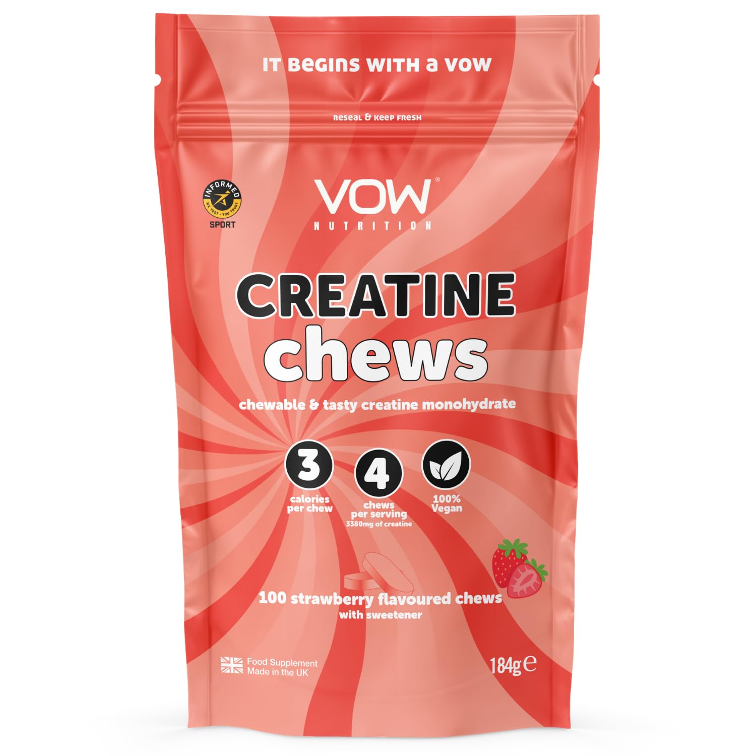 Vow Nutrition Creatine Chews,100 Strawberry Flavoured Chews, Creatine Monohydrate, Convenient & Tasty Chewable Creatine Informed Sports Approved (Strawberry)