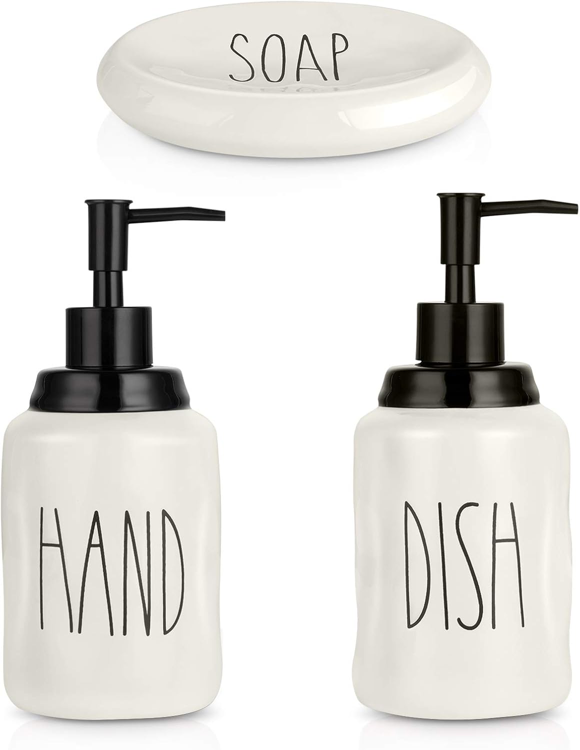 Farmhouse Soap Dispenser Set - Modern Style Ceramic Dish, Hand Liquid Soap Dispenser,Soap Holder–Perfect for Kitchen and Bathroom Counter Décor, Fill with Hand Soap, Dish Soap, Essential Oil & Lotion