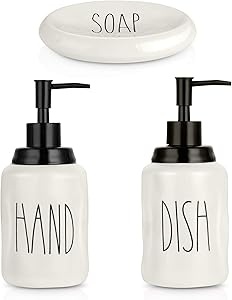 Farmhouse Soap Dispenser Set - Modern Style Ceramic Dish, Hand Liquid Soap Dispenser,Soap Holder–Perfect for Kitchen and Bathroom Counter Décor, Fill with Hand Soap, Dish Soap, Essential Oil & Lotion