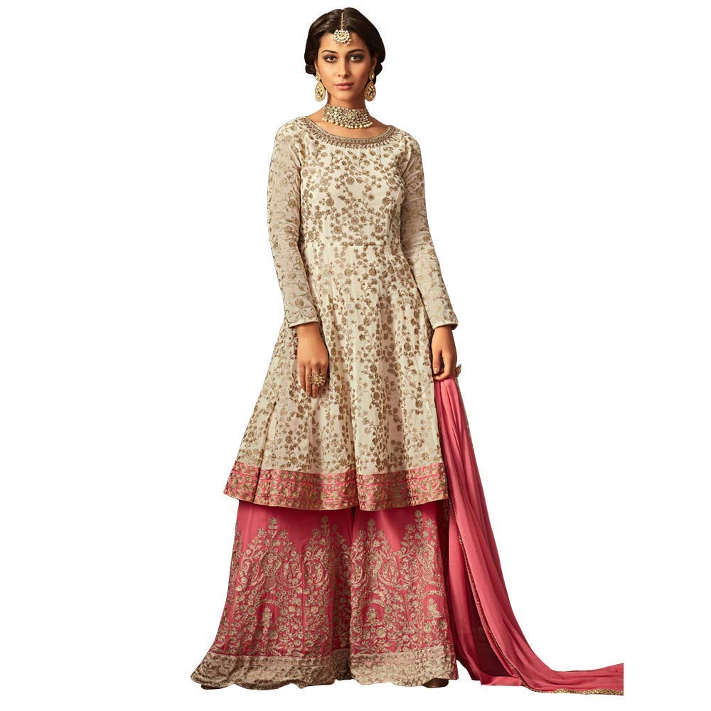 generic women's georgette fabric heavy embroidered palazzo suit (lnf141, white, 4xl)