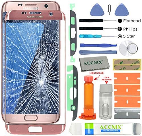 ACENIX® Replacement Screen Front Lens Repair Kit Pink Gold for Samsung Galaxy S7 Edge + UV Glue and Opening Pry Tools