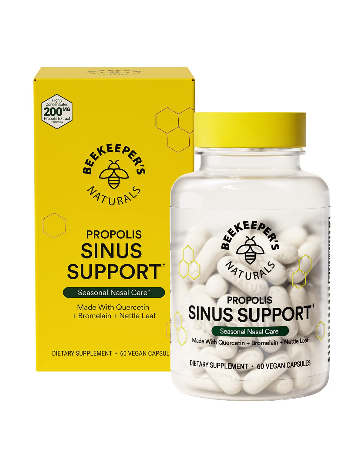 Beekeeper's Naturals All Natural Sinus Support for Adults, Seasonal Nasal Care Relief with Propolis, Quercetin, Bromelain, Nettle Leaf, & Vegan Capsule, Blocks or Suppresses Histamine, 60 ct