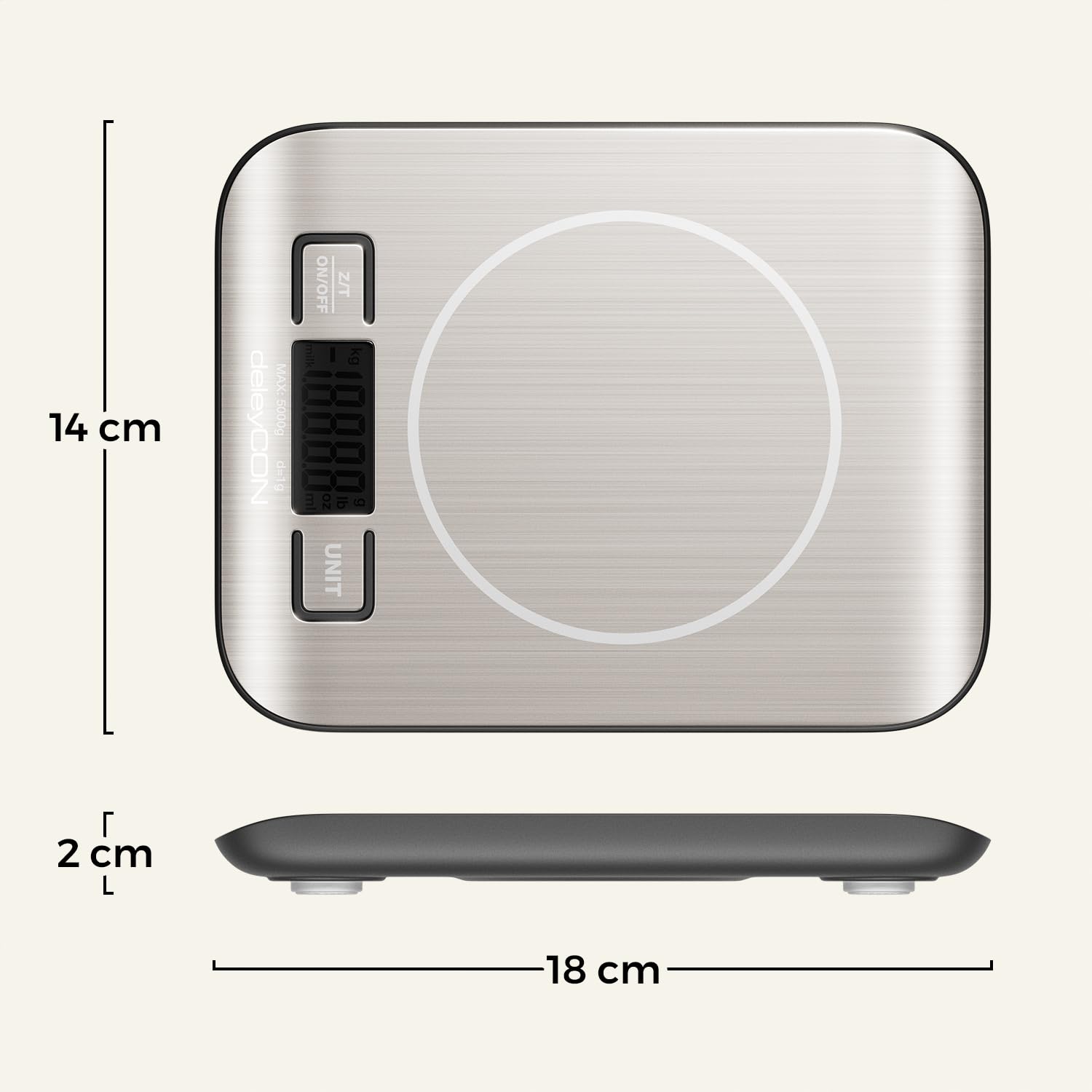 deleyCON Küchenwaage Digital, LCD-Display, Tara-Funktion (mit Batterien) bis 5KG, Digitalwaage, Briefwaage, auf 1g genau, Backen Kochen Messen von Zutaten Diät Fitness Schmuck, klein und flach, Silber 7