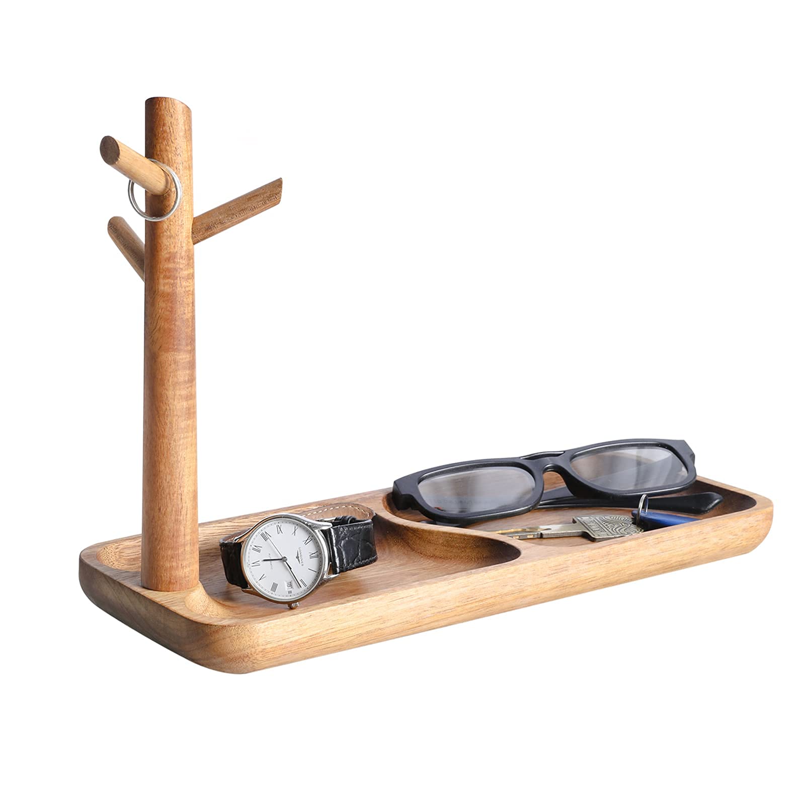 CYQGDKF Wood Key Tray for Entryway Table, Jewelry Tray, Catchall Tray with 3 Stand Hanging Organizer, for Rings, Phone, Bracelets Watches