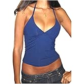 RoseSeek Women's Deep V Neck Halter Tops Backless Sleeveless Fitted Going Out Crop Tank Top