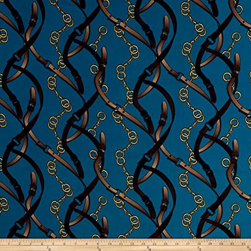 Neiman Brothers Crepe de Chine Belts &amp; Chains Teal/Brown Fabric By The Yard
