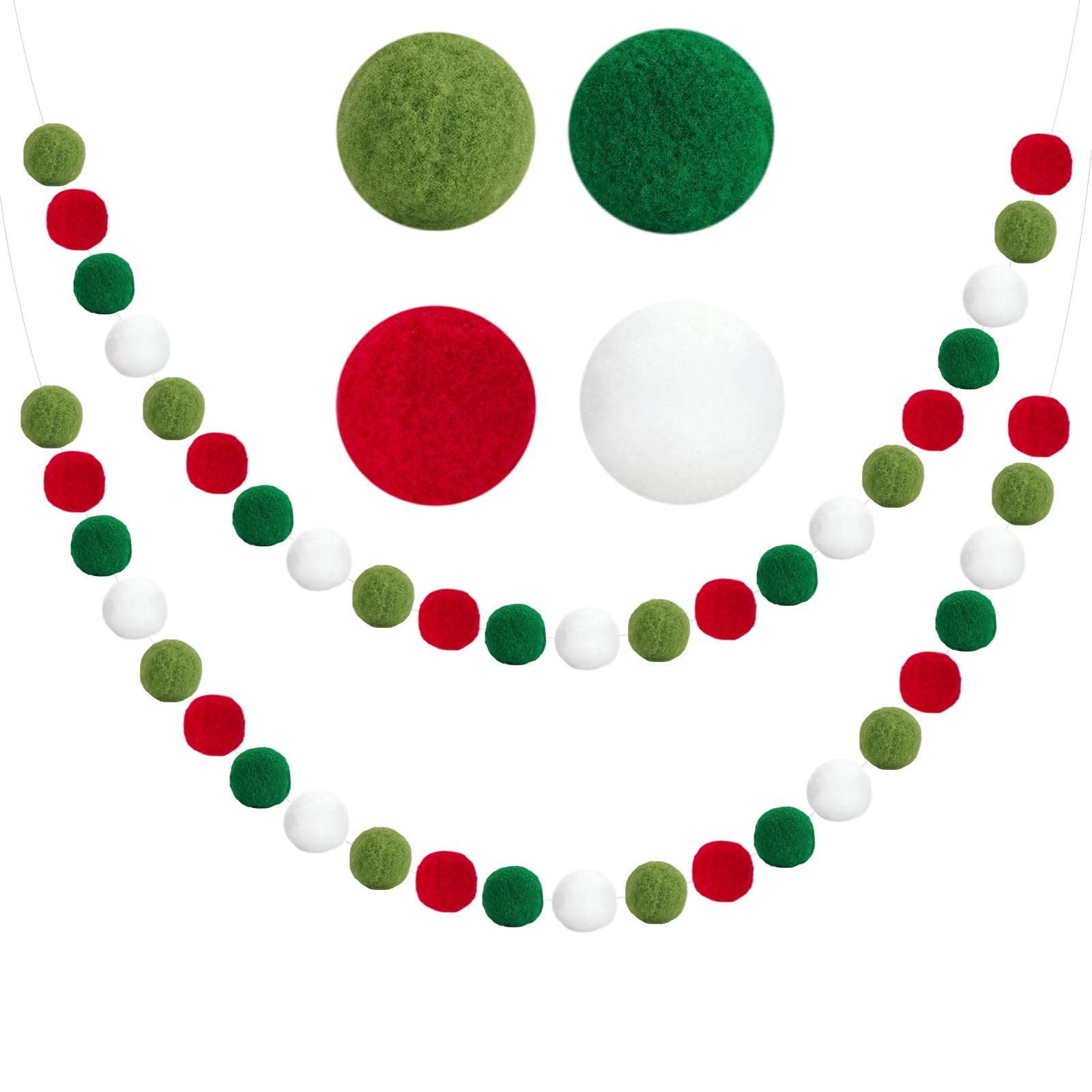 G2PLUS 2PCS Pre-strung Felt Pom Pom Garland, Handmade Felt Bunting with 60 Balls, Green, Red and White for Christmas Party Nursery Room