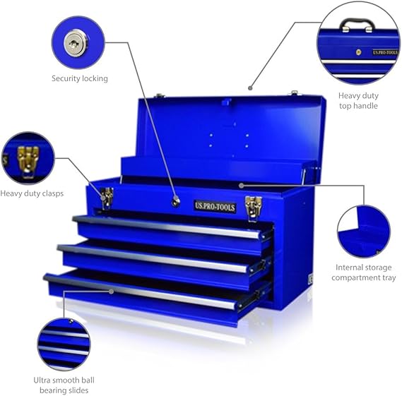US PRO TOOLS 3 DRAWER TOOL CHEST PORTABLE TOOL BLUE TOOL BOX