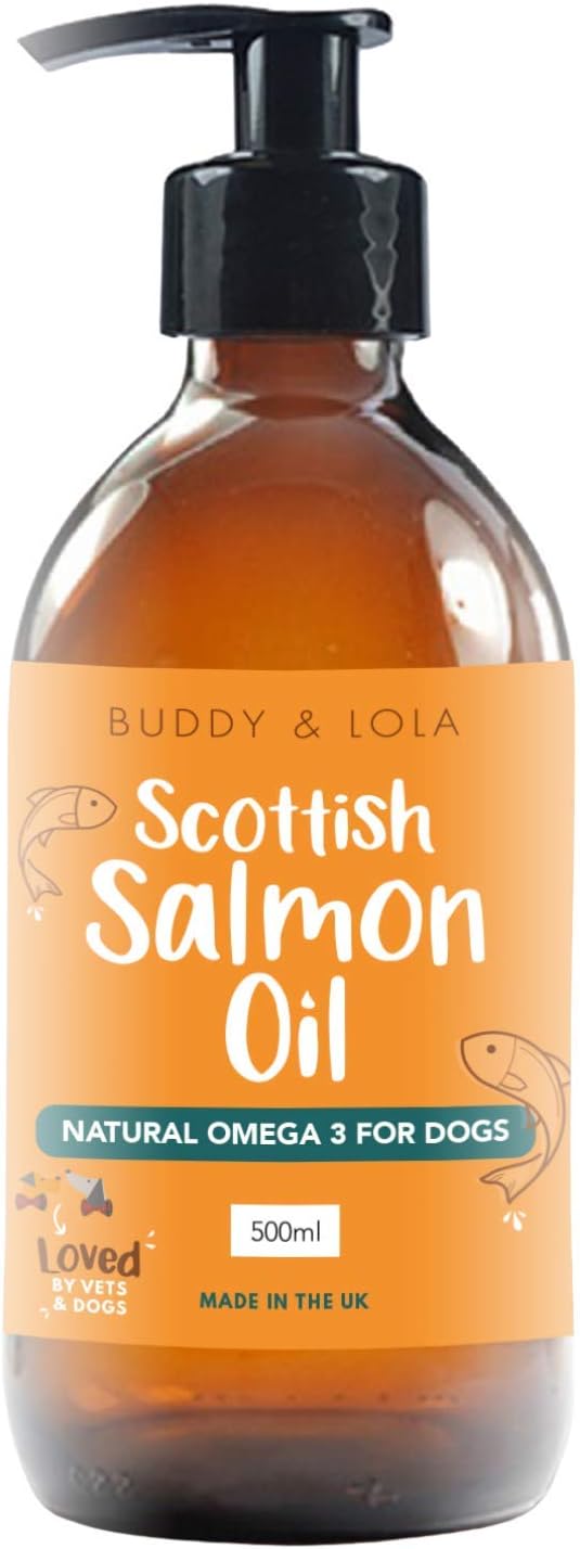 Buddy & Lola 100% Pure Food Grade Scottish Salmon Oil For Dogs Cats & Pets (500ml) - Natural Omega 3, 6 & 9 For a Shiny Coat, Better Skin & Joints, Less Itching and Improved Cognitive Health