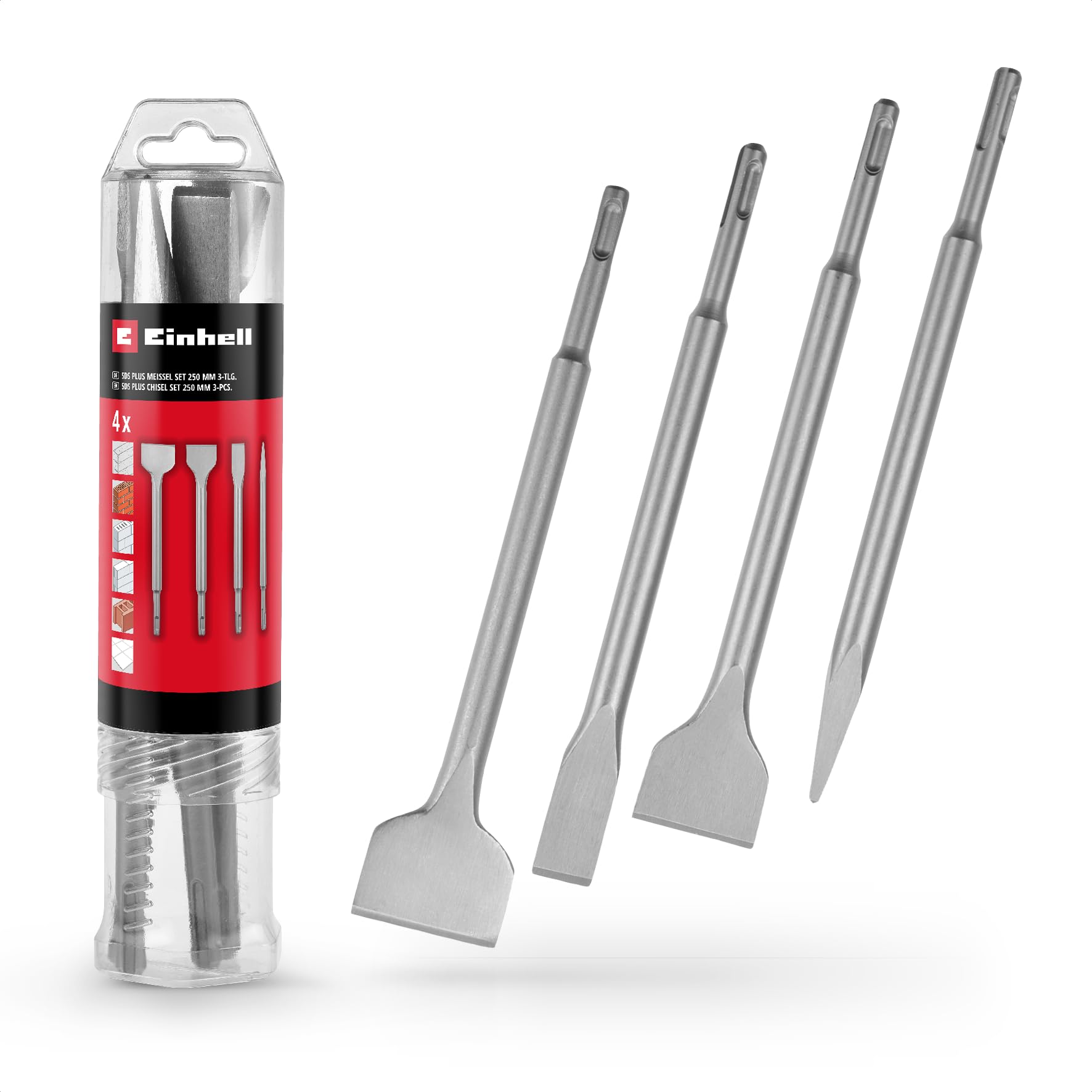 Original Einhell 4-pcs. SDS Plus Chisel Set, 250 mm (Pointed, 20 mm Flat, 40 mm Spade, 50 mm Tile Chisel made of Durable 40Cr Steel for Demolition and Renovation Work)